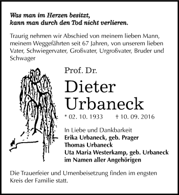 Traueranzeige von Dieter Urbaneck von Mitteldeutsche Zeitung Dessau-Roßlau