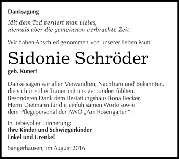Traueranzeige von Sidonie Schröder von Super Sonntag SGH Mansf. Land