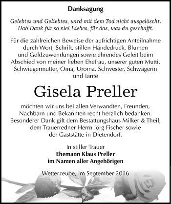 Traueranzeige von Gisela Preller von Mitteldeutsche Zeitung Zeitz