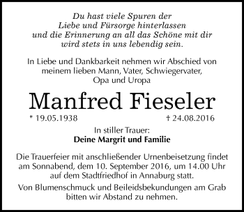 Traueranzeige von Manfred Fieseler von Mitteldeutsche Zeitung Wittenberg