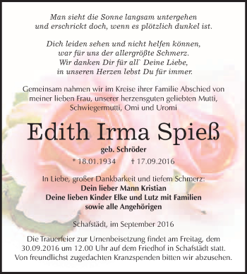 Traueranzeige von Edith Irma Spieß von WVG - Wochenspiegel Merseburg