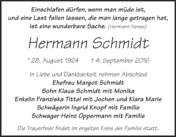 Traueranzeige von Hermann Schmidt von WVG - Wochenspiegel Dessau / Köthen