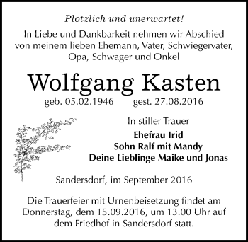 Traueranzeige von Wolfgang Kasten von Mitteldeutsche Zeitung Bitterfeld