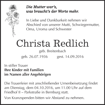 Traueranzeige von Christa Redlich von Super Sonntag Bernburg
