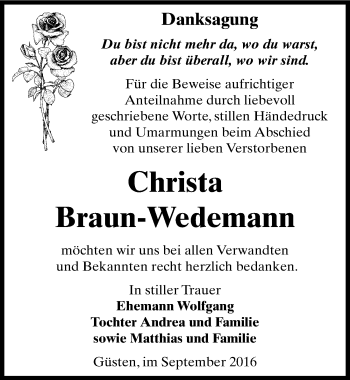 Traueranzeige von Christa Braun-Wedemann von Mitteldeutsche Zeitung Bernburg