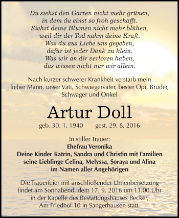 Traueranzeige von Artur Doll von Super Sonntag SGH Mansf. Land