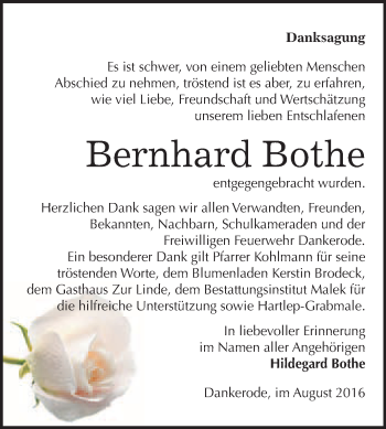 Traueranzeige von Bernhard Bothe von WVG - Wochenspiegel Quedlinburg