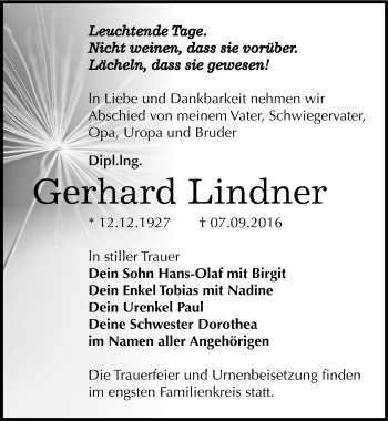 Traueranzeige von Gerhard Lindner von Mitteldeutsche Zeitung Dessau-Roßlau