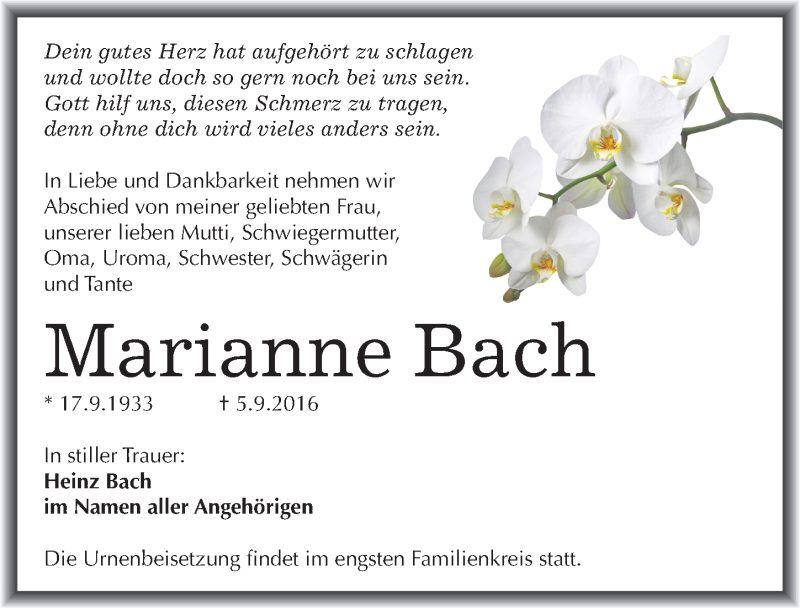  Traueranzeige für Marianne Bach vom 10.09.2016 aus Mitteldeutsche Zeitung Halle/Saalkreis