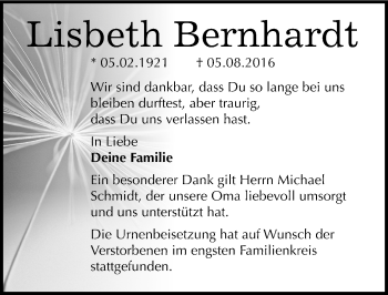 Traueranzeige von Lisbeth Bernhardt von Mitteldeutsche Zeitung Bitterfeld