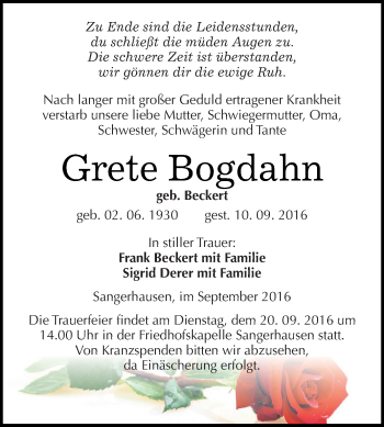 Traueranzeige von Grete Bogdahn von Super Sonntag SGH Mansf. Land