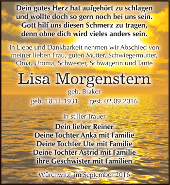 Traueranzeige von Lisa Morgenstern von Mitteldeutsche Zeitung Zeitz