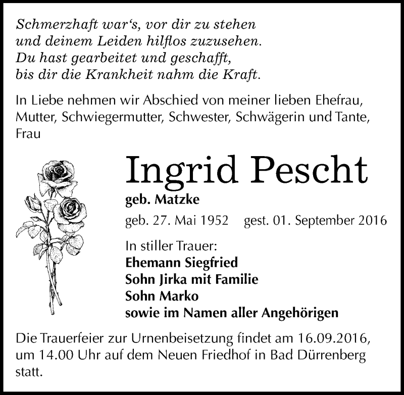  Traueranzeige für Ingrid Pescht vom 10.09.2016 aus Mitteldeutsche Zeitung Merseburg/Querfurt