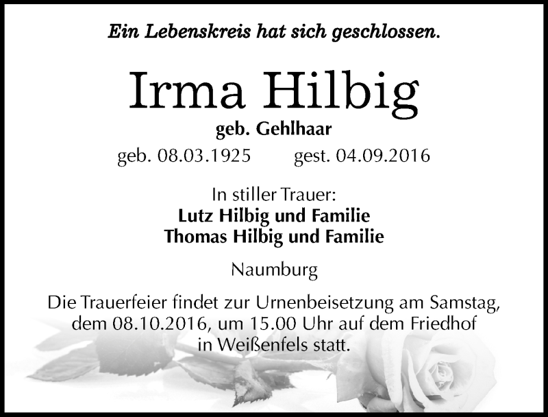  Traueranzeige für Irma Hilbig vom 10.09.2016 aus Mitteldeutsche Zeitung Naumburg/Nebra