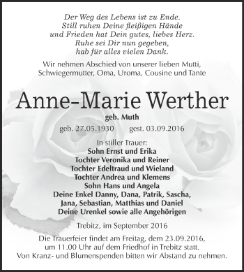 Traueranzeige von Anne-Marie Werther von WVG - Wochenspiegel Wittenberg