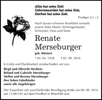 Traueranzeige von Renate Merseburger von Mitteldeutsche Zeitung Bitterfeld