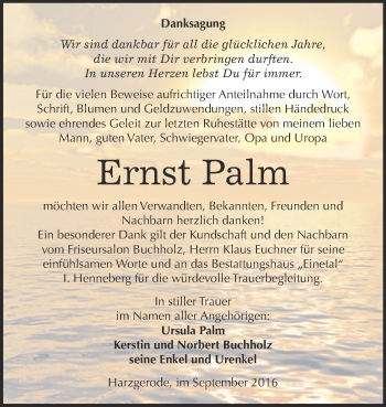 Traueranzeige von Ernst Palm von Super Sonntag Quedlinburg