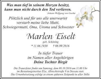 Traueranzeige von Marlen Eiselt von WVG - Wochenspiegel Dessau / Köthen