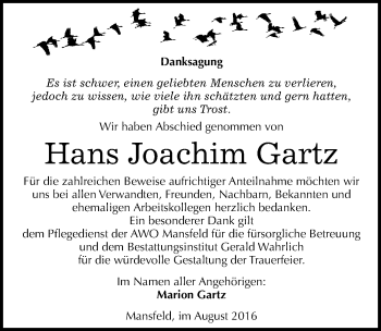 Traueranzeige von Hans Joachim Gartz von Mitteldeutsche Zeitung Mansfelder Land