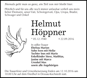 Traueranzeige von Helmut Höppner von WVG - Wochenspiegel Dessau / Köthen