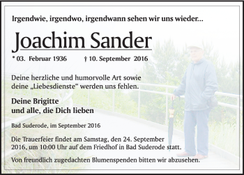 Traueranzeige von Joachim  Sander von Mitteldeutsche Zeitung Quedlinburg