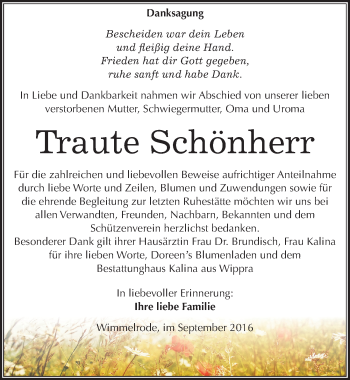 Traueranzeige von Traute Schönherr von Mitteldeutsche Zeitung Mansfelder Land