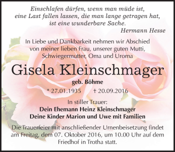 Traueranzeige von Gisela Kleinschmager von Mitteldeutsche Zeitung Halle/Saalkreis