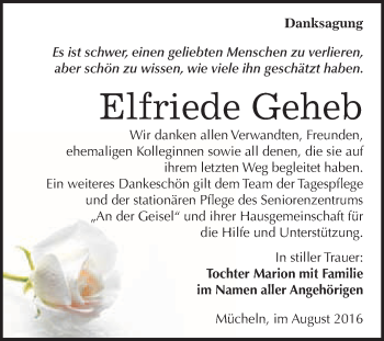 Traueranzeige von Elfriede Geheb von WVG - Wochenspiegel Merseburg