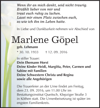 Traueranzeige von Marlene Göpel von Mitteldeutsche Zeitung Köthen