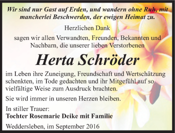 Traueranzeige von Herta Schröder von Mitteldeutsche Zeitung Quedlinburg