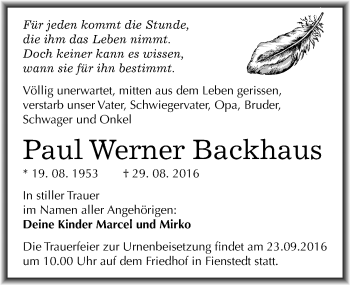 Traueranzeige von Paul Werner Backhaus von Mitteldeutsche Zeitung Halle/Saalkreis