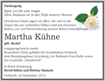 Traueranzeige von Martha Kühne von Wochenspiegel Mansfelder Land