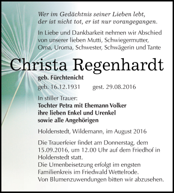 Traueranzeige von Christa Regenhardt von Super Sonntag SGH Mansf. Land