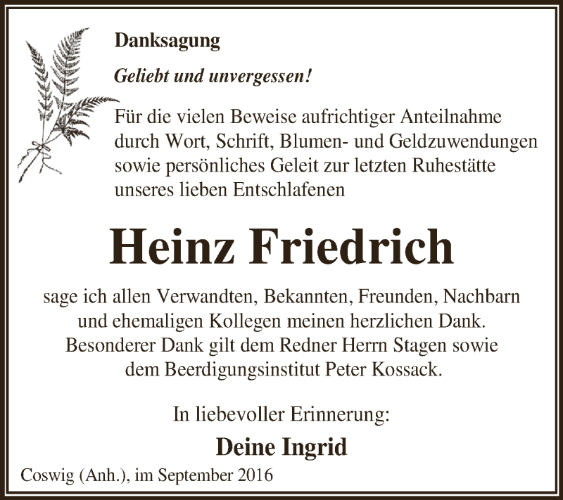 Traueranzeige für Heinz Friedrich vom 24.09.2016 aus WVG - Wochenspiegel Dessau / Köthen