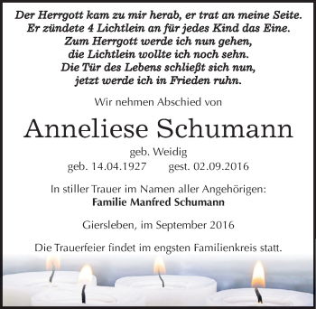 Traueranzeige von Anneliese Schumann von Mitteldeutsche Zeitung Aschersleben