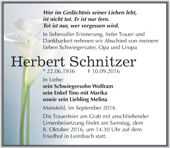 Traueranzeige von Herbert Schnitzer von Mitteldeutsche Zeitung Mansfelder Land