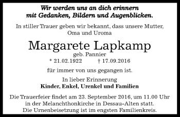 Traueranzeige von Margarete Lapkamp von Mitteldeutsche Zeitung Dessau-Roßlau