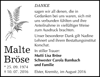 Traueranzeige von Malte Bröse von WVG - Wochenspiegel Wittenberg