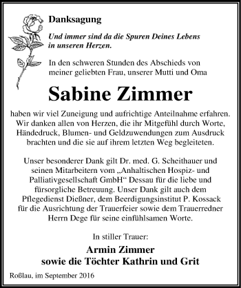 Traueranzeige von Sabine Zimmer von Mitteldeutsche Zeitung Dessau-Roßlau