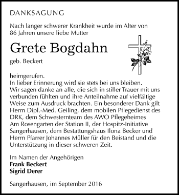 Traueranzeige von Grete Bogdahn von Mitteldeutsche Zeitung Sangerhausen