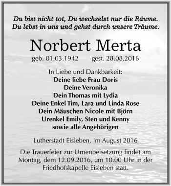 Traueranzeige von Norbert Merta von Mitteldeutsche Zeitung Mansfelder Land
