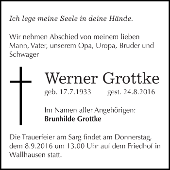 Traueranzeige von Werner Grottke von Super Sonntag SGH Mansf. Land