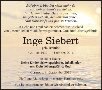 Traueranzeige von Inge Siebert von WVG - Wochenspiegel Quedlinburg
