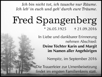 Traueranzeige von Fred Spangenberg von Mitteldeutsche Zeitung Merseburg/Querfurt