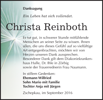 Traueranzeige von Christa Reinboth von Mitteldeutsche Zeitung Bitterfeld