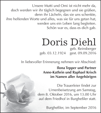 Traueranzeige von Doris Diehl von WVG - Wochenspiegel NMB / WSF / ZTZ
