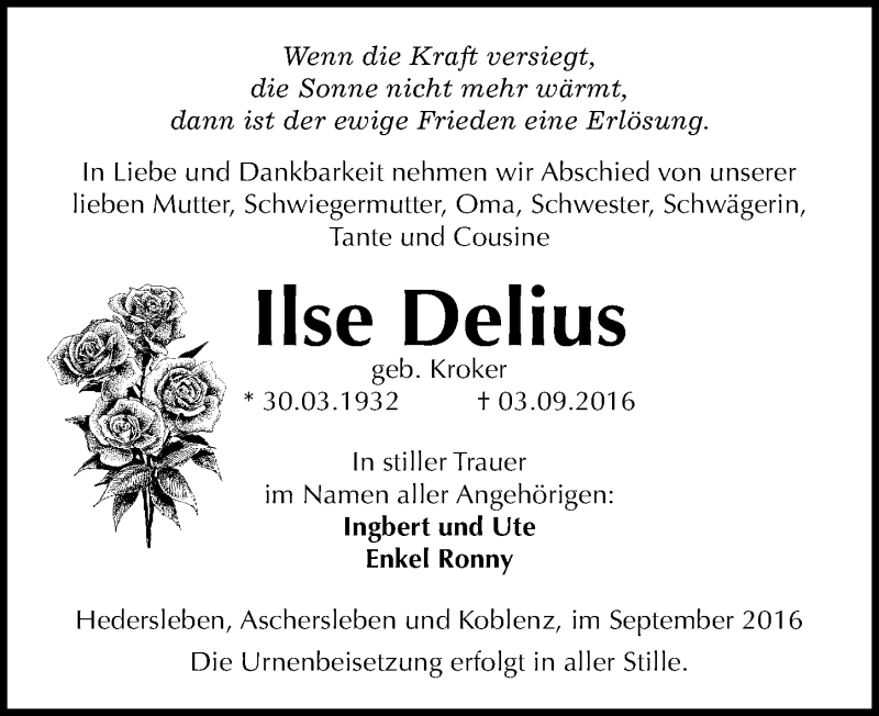  Traueranzeige für Ilse Delius vom 10.09.2016 aus Mitteldeutsche Zeitung Quedlinburg