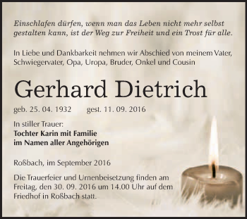 Traueranzeige von Gerhard Dietrich von WVG - Wochenspiegel Merseburg
