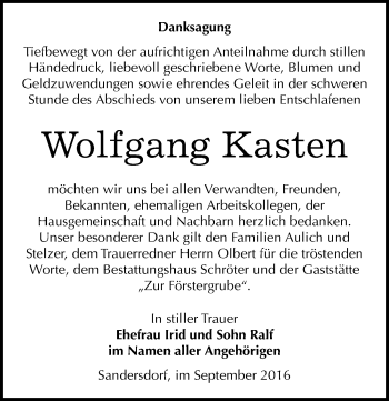 Traueranzeige von Wolfgang Kasten von Mitteldeutsche Zeitung Bitterfeld
