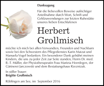 Traueranzeige von Herbert Grollmisch von Wochenspiegel Mansfelder Land